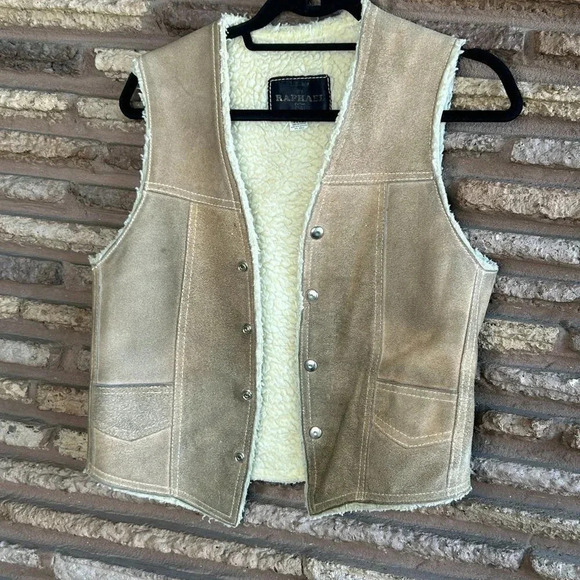 Vintage Leather by Rapael Suede Sherpa Lined Snap Front Rancher Vest Medium - Picture 1 of 6